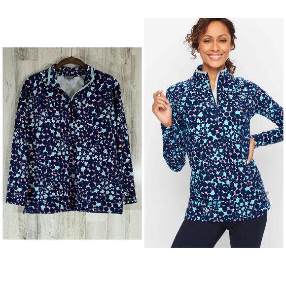 T by Talbots Pullover Top Size P Petite 1/4 Zip Mock Neck Bubble Print Blue Pink - Picture 1 of 8